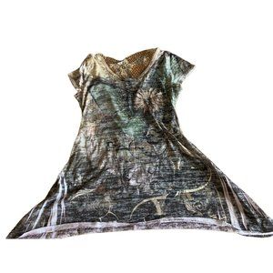 Miss Match Green Lace Insert Polyester Cotton Flower Beaded Sparkle T-Shirt SZ M